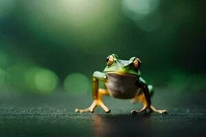 une grenouille permanent sur une foncé surface avec une floue Contexte. généré par ai photo