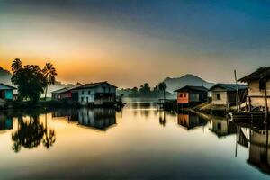 Maisons sur le l'eau à lever du soleil dans une village. généré par ai photo