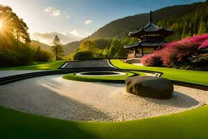 une Japonais jardin avec une Roche jardin et une pagode. généré par ai photo