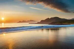 le coucher du soleil sur le plage avec vagues et montagnes. généré par ai photo