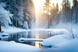 hiver paysage, hiver, neige, rivière, des arbres, forêt, nature, la nature fond d'écran, la nature. généré par ai photo