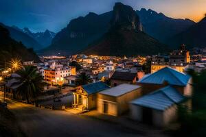 une ville dans le montagnes à nuit. généré par ai photo