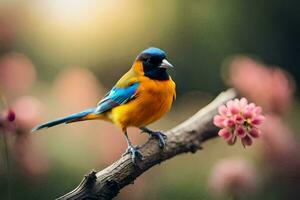 une coloré oiseau est assis sur une branche avec rose fleurs. généré par ai photo