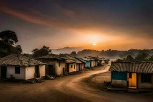 une village à le coucher du soleil avec huttes et des arbres. généré par ai photo