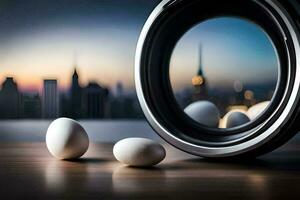 une caméra lentille et deux des œufs sur une tableau. généré par ai photo