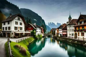 une rivière court par une ville dans le montagnes. généré par ai photo