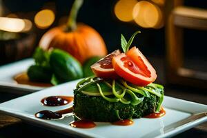 une assiette avec une légume et tomate sur il. généré par ai photo