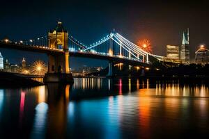 le ville horizon est réfléchi dans le l'eau à nuit. généré par ai photo