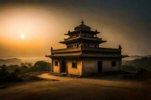 une petit temple est assis sur Haut de une colline à le coucher du soleil. généré par ai photo