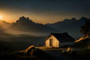 le Soleil monte plus de une petit cabine dans le montagnes. généré par ai photo