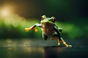 une grenouille sauter sur le sol avec une floue Contexte. généré par ai photo