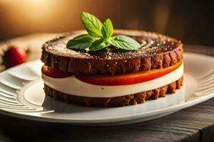 une gâteau avec des fraises et crème sur une plaque. généré par ai photo