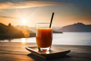 Orange jus sur une en bois table avec le Soleil réglage derrière il. généré par ai photo