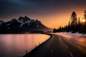 une route de premier plan à une Lac et montagnes à le coucher du soleil. généré par ai photo