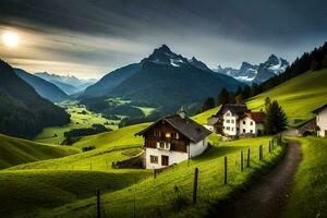 une magnifique Montagne paysage avec Maisons et une route. généré par ai photo