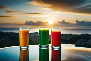 Trois des lunettes de jus sur une table avec le Soleil réglage derrière eux. généré par ai photo