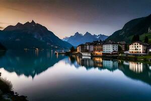 une magnifique Lac et Montagne ville à crépuscule. généré par ai photo