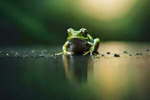 une grenouille séance sur le sol dans le sombre. généré par ai photo