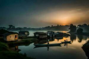 le Soleil monte plus de une rivière avec Maisons et bateaux. généré par ai photo