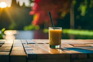 une verre de Orange jus sur une en bois tableau. généré par ai photo