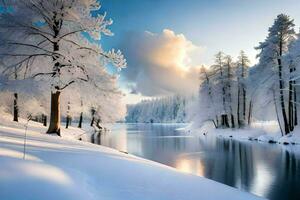 une rivière dans le neige. généré par ai photo