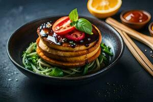 une empiler de Crêpes avec sauce et des légumes. généré par ai photo