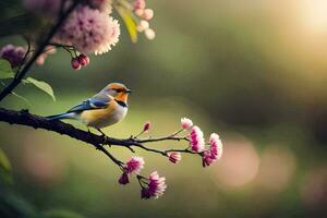 une oiseau est assis sur une branche avec rose fleurs. généré par ai photo