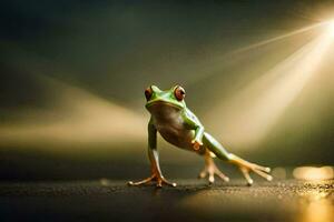 une grenouille est permanent sur une foncé surface avec une brillant lumière derrière il. généré par ai photo