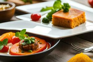 une assiette de nourriture avec des légumes et Viande. généré par ai photo