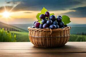 les raisins dans une panier sur une en bois tableau. généré par ai photo