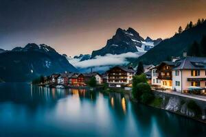 une Lac et Maisons dans le montagnes à le coucher du soleil. généré par ai photo