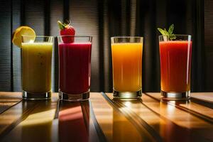 cinq différent les types de jus sont doublé en haut sur une tableau. généré par ai photo