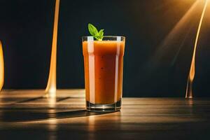 une verre de Orange jus sur une tableau. généré par ai photo