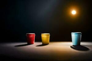 Trois coloré tasses sont séance sur une table dans de face de une lumière. généré par ai photo