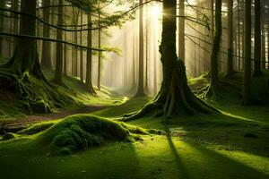 une forêt avec des arbres et lumière du soleil brillant par le des arbres. généré par ai photo