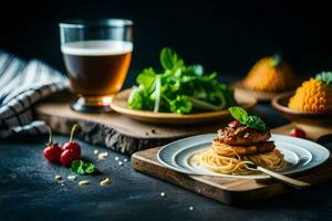 poulet ailes avec une sauce et une Cerise sur une plaque. généré par ai photo