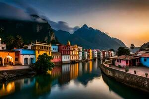 coloré Maisons le long de le rivière à le coucher du soleil. généré par ai photo