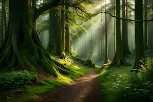 une chemin par une forêt avec des arbres et lumière du soleil. généré par ai photo