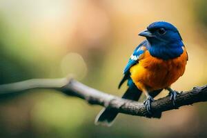 une bleu et Orange oiseau séance sur une branche. généré par ai photo