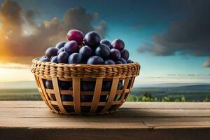 les raisins dans une panier sur une en bois tableau. généré par ai photo