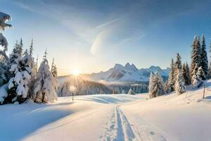 neige couvert des arbres et une Soleil réglage plus de montagnes. généré par ai photo