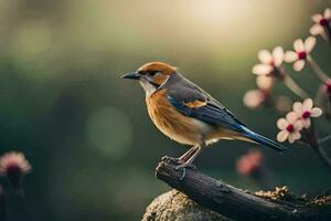 une oiseau est séance sur une branche avec fleurs. généré par ai photo