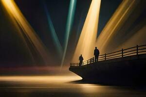 deux gens supporter sur une jetée à nuit avec poutres de lumière. généré par ai photo