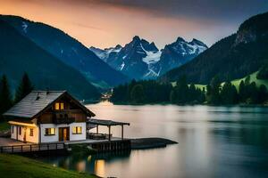 une cabine est assis sur le rive de une Lac à le coucher du soleil. généré par ai photo