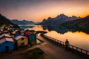 une homme des stands sur une Dock surplombant une Lac et montagnes. généré par ai photo