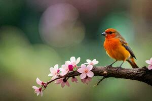 une petit Orange oiseau est perché sur une branche avec rose fleurs. généré par ai photo