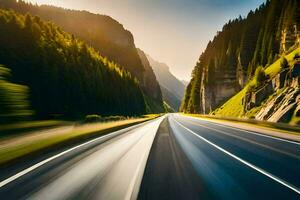 une voiture conduite sur une Autoroute dans le montagnes. généré par ai photo