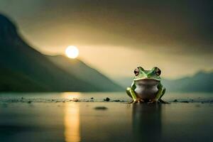 une grenouille séance sur le sol dans de face de une lac. généré par ai photo