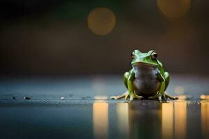 une grenouille séance sur le sol dans le sombre. généré par ai photo