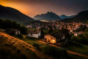 une village dans le montagnes à le coucher du soleil. généré par ai photo